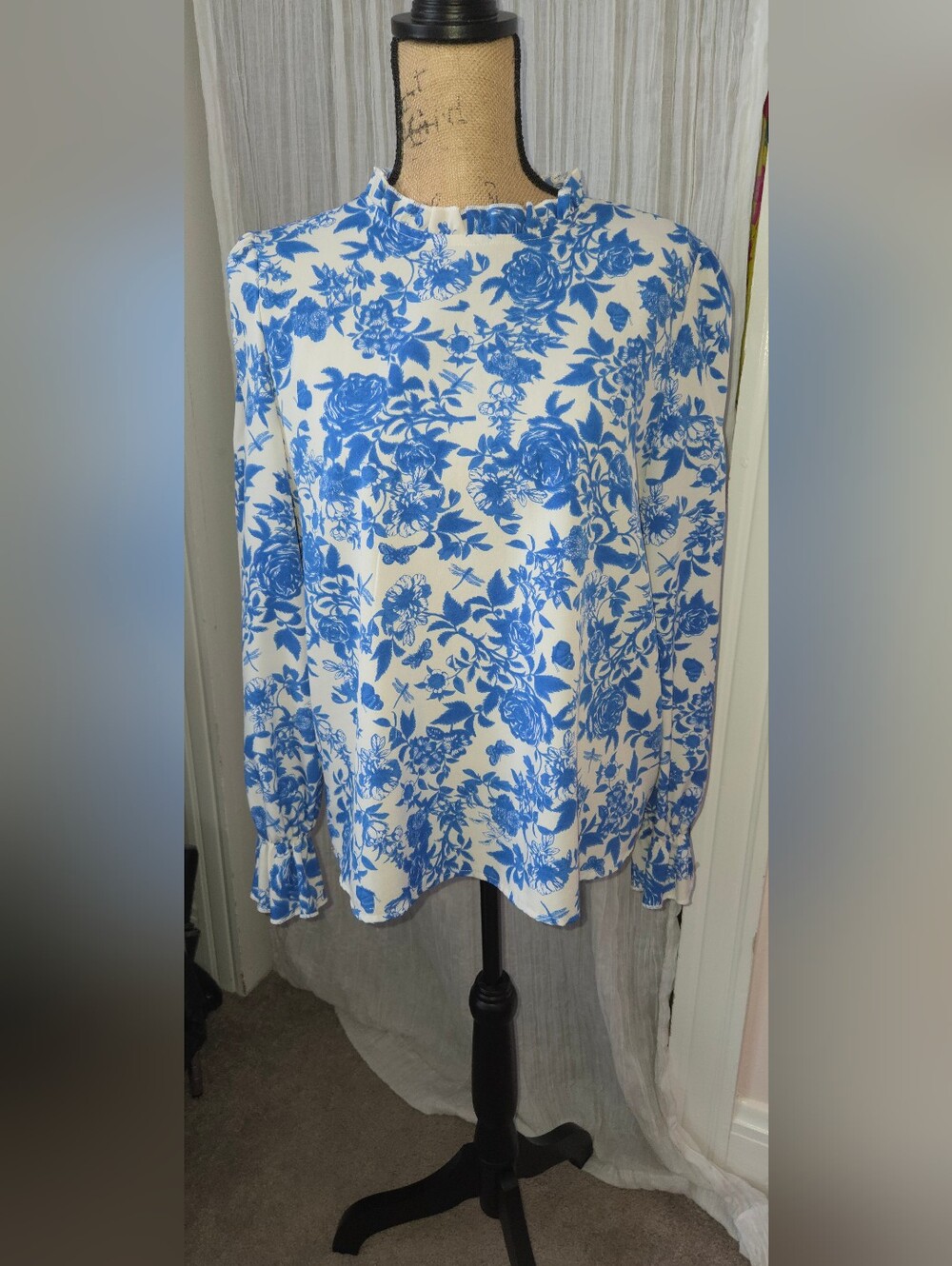 Women's White Blouse with Blue Floral Print and Ruffled Neck